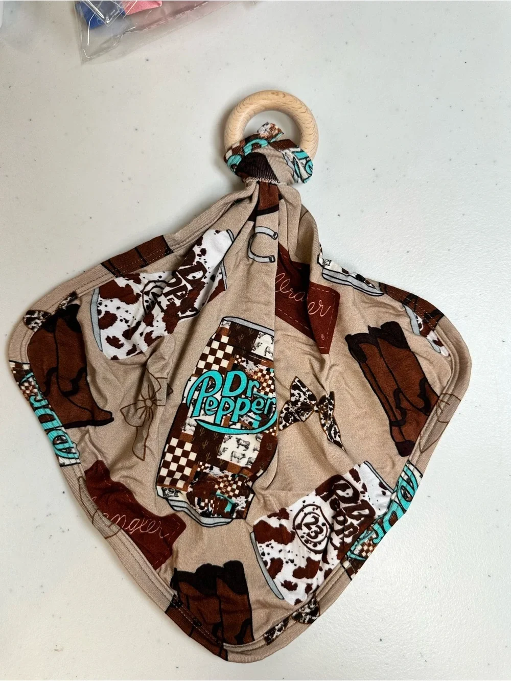 NWT BAMBOO Baby Lovie With Wood Teething Ring Dr Pepper Design